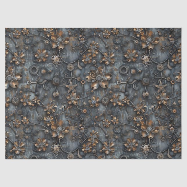 Steampunk Gears, Metal Flowers Pattern Decoupage Tissue Paper (Front)