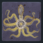 Steampunk Gears Octopus Kraken Stone Coaster<br><div class="desc">The tentacled steampunk sea monster on this stone coaster has eight wire-like gold appendages, a central silver gear and plenty of gears and bolts making up its head, eyes and suction cups. It's a robot octopus / kraken, a metal machine monster for anyone who likes geeky science-fiction / fantasy creatures....</div>