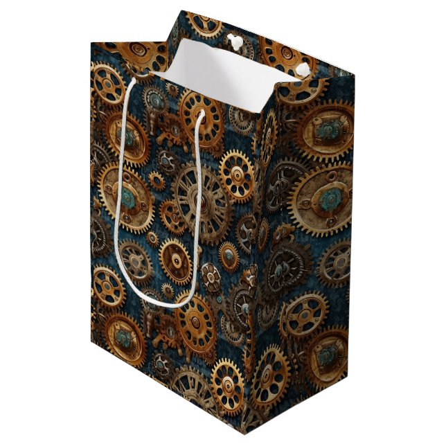Steampunk gears pattern medium gift bag (Front Angled)