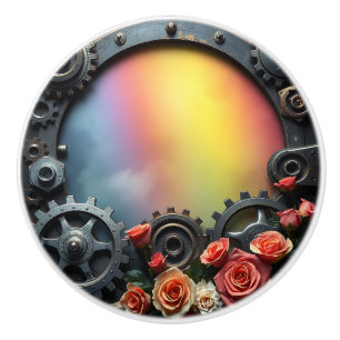 Steampunk Gears,Roses and Rainbow Ceramic Knob