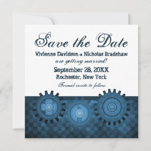 Steampunk Gears Save the Date Invite, Blue Invitation