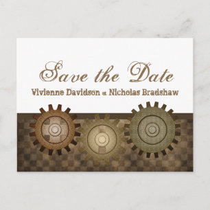 Steampunk Gears Save the Date Postcard, Brown Announcement Postcard