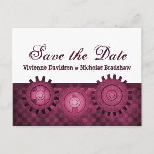 Steampunk Gears Save the Date Postcard, Fuchsia Announcement Postcard