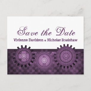 Steampunk Gears Save the Date Postcard, Purple Announcement Postcard