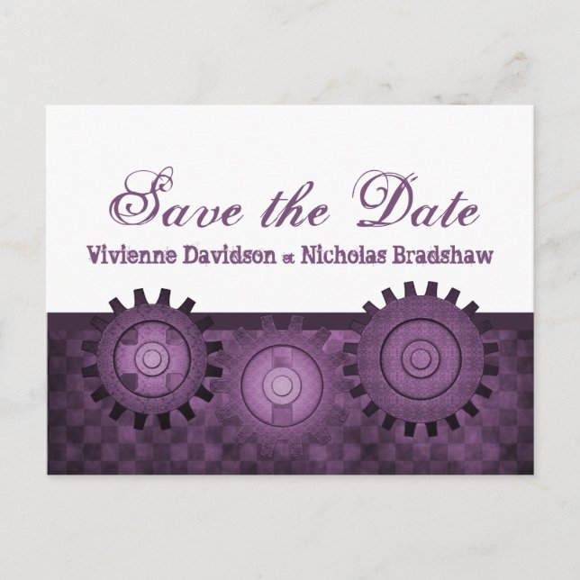 Steampunk Gears Save the Date Postcard, Purple Announcement Postcard (Front)