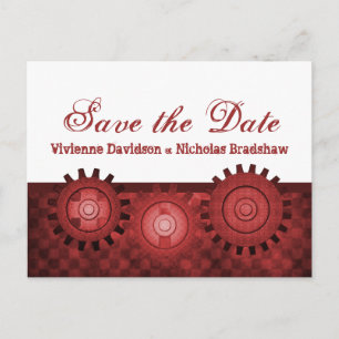 Steampunk Gears Save the Date Postcard, Red Announcement Postcard