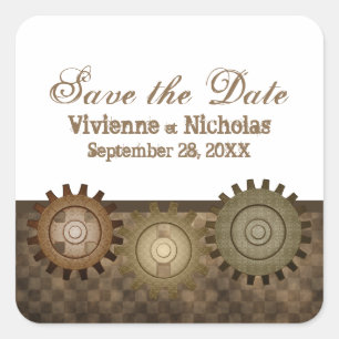 Steampunk Gears Save the Date Stickers, Brown Square Sticker