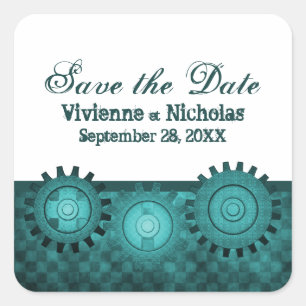 Steampunk Gears Save the Date Stickers, Teal Square Sticker