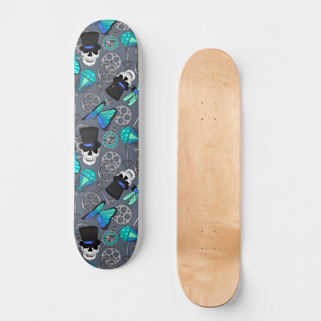Steampunk Gears Skulls and Butterflies Grey Skateboard (Front)