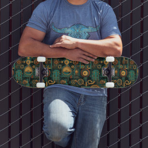 Steampunk Gears Teal Red Gold Skateboard