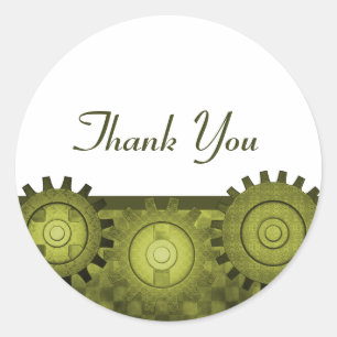Steampunk Gears Thank You Stickers, Green Classic Round Sticker