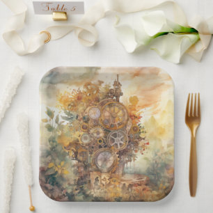 Steampunk Gears Tower Paper Plate