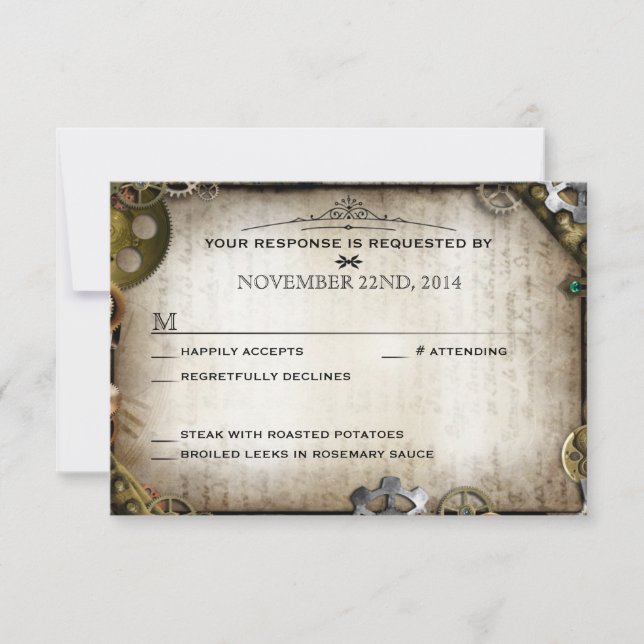 Steampunk Gears Victorian Wedding RSVP Response (Front)