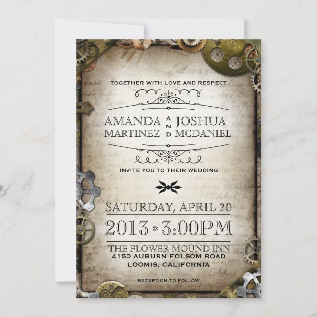 Steampunk Gears Vintage Victorian Wedding Invite (Front)