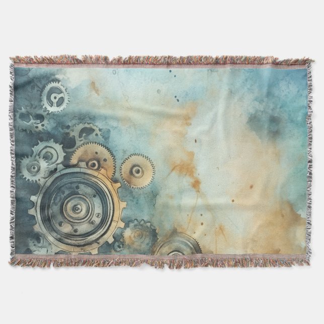 Steampunk Gears Watercolor - Clock Work Throw Blanket (Front)