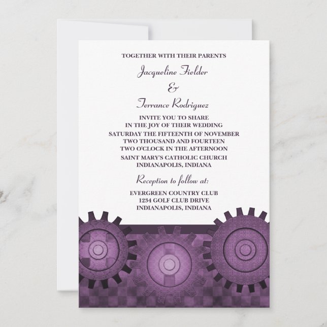 Steampunk Gears Wedding Invite, Purple Invitation (Front)
