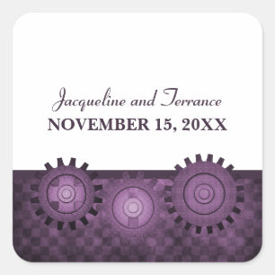 Steampunk Gears Wedding Stickers, Purple Square Sticker