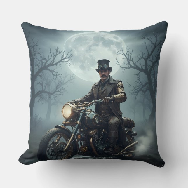 Steampunk Gentleman on retro motorcycle Cushion (Front)