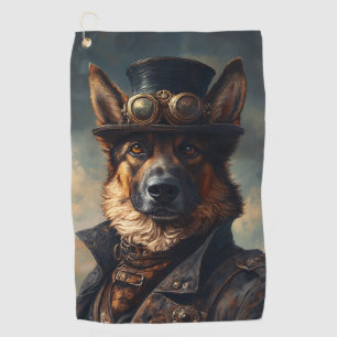 Steampunk German Shepherd Dog in Top Hat Golf Towel