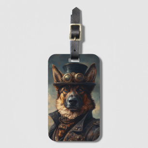 Steampunk German Shepherd Dog in Top Hat Luggage Tag