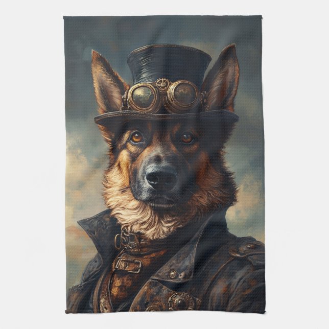Steampunk German Shepherd Dog in Top Hat Tea Towel (Vertical)