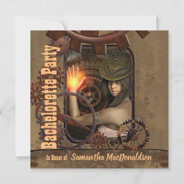 Steampunk girl bachelorette party invitation (Front)