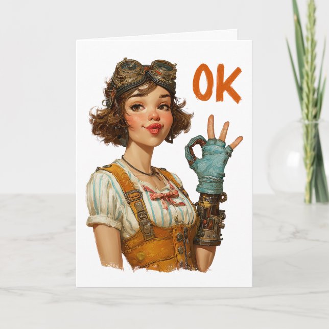 Steampunk Girl Confident OK Gesture Card (Front)
