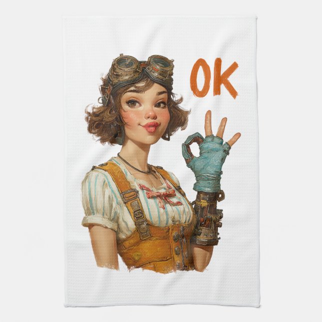 Steampunk Girl Confident OK Gesture Tea Towel (Vertical)