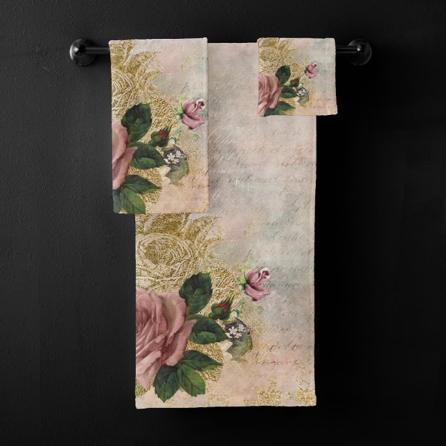 Steampunk Glam | Pink and Gold Rose Rustic Floral Bath Towel Set (Creator Uploaded)
