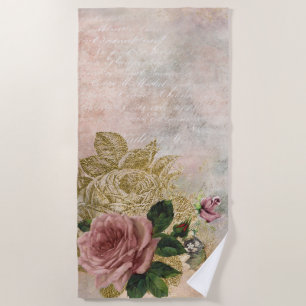 Steampunk Glam   Pink and Gold Rose Rustic Floral Beach Towel