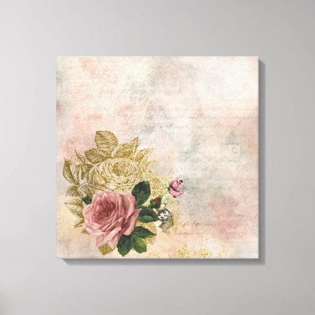 Steampunk Glam | Pink and Gold Rose Rustic Floral Canvas Print (Front)