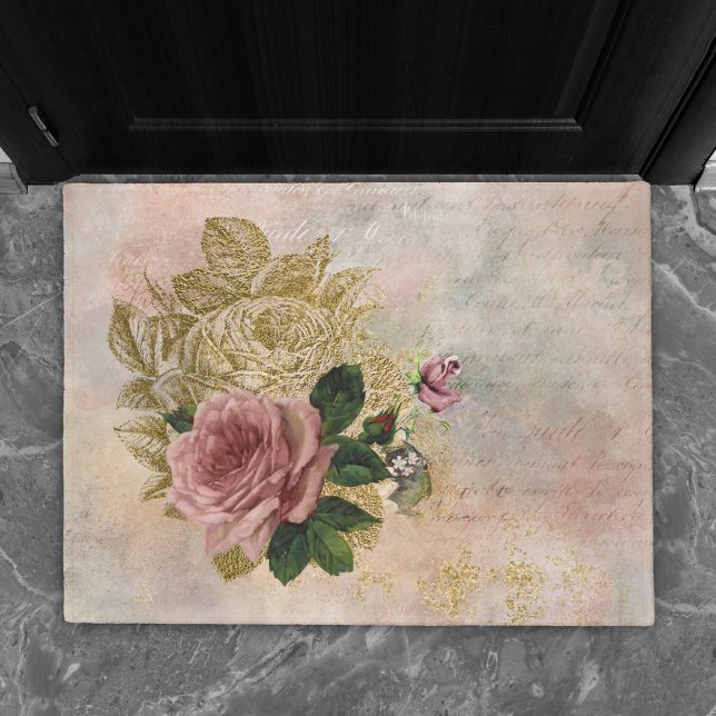 Steampunk Glam | Pink and Gold Rose Rustic Floral Doormat (Creator Uploaded)