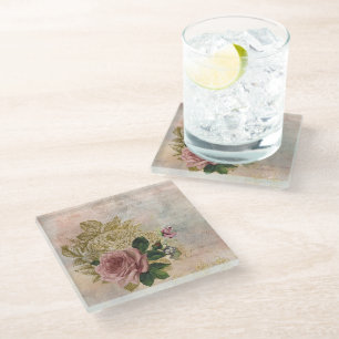Steampunk Glam Pink and Gold Rose Rustic Floral Glass Coaster