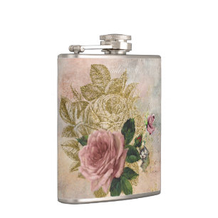 Steampunk Glam Pink and Gold Rose Rustic Floral Hip Flask