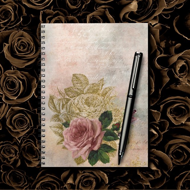 Steampunk Glam | Pink and Gold Rose Rustic Floral Notebook (Creator Uploaded)