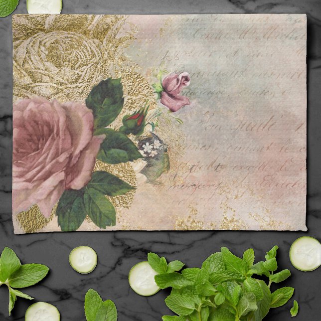Steampunk Glam | Pink and Gold Rose Rustic Floral Tea Towel (Creator Uploaded)