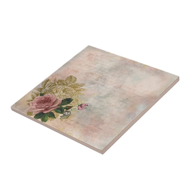 Steampunk Glam | Pink and Gold Rose Rustic Floral Tile (Side)
