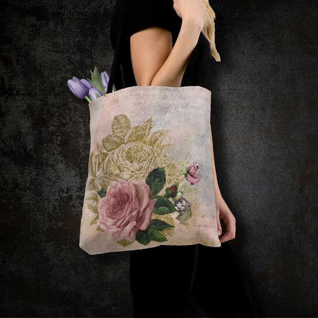 Steampunk Glam | Pink and Gold Rose Rustic Floral Tote Bag (Creator Uploaded)