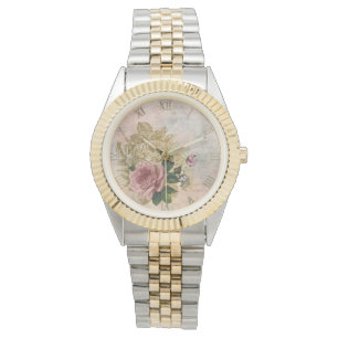 Steampunk Glam   Pink and Gold Rose Rustic Floral Watch