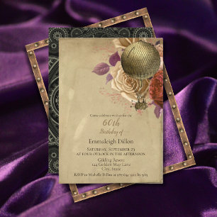 Steampunk Golden Hot Air Balloon Floral Birthday Invitation