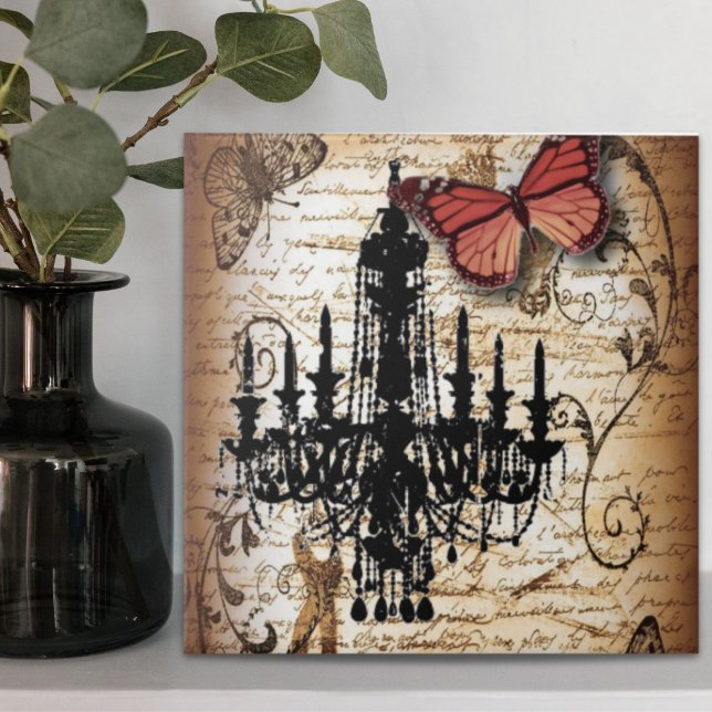 steampunk goth butterfly paris vintage chandelier tile (steampunk goth butterfly paris vintage chandelier ceramic tile)