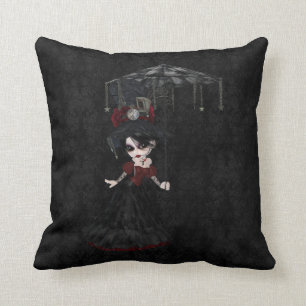Steampunk Goth Girl Black Damask Pillow