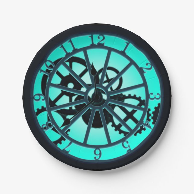 Steampunk Gothic Ironwork Clock With Visible Gears Paper Plate (Front)