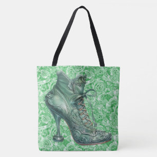 Steampunk Green Boots on Roses Large Shoulder Tote Bag