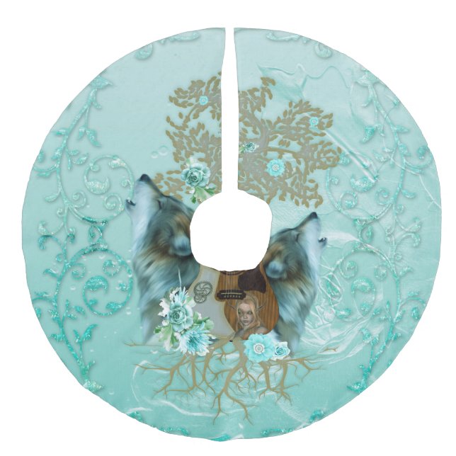 Steampunk guitar with wolves faux linen tree skirt (Front)