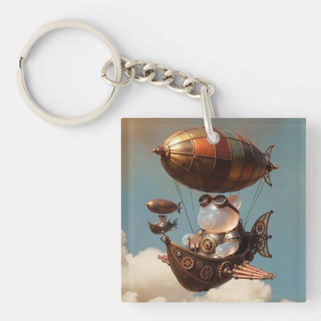 Steampunk Gummy Bear Pilot in Fantasy Airship Key Ring (Front)