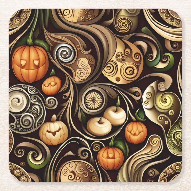 Steampunk Halloween Pumpkin & Swirl Paper Plate Square Paper Coaster (Front)