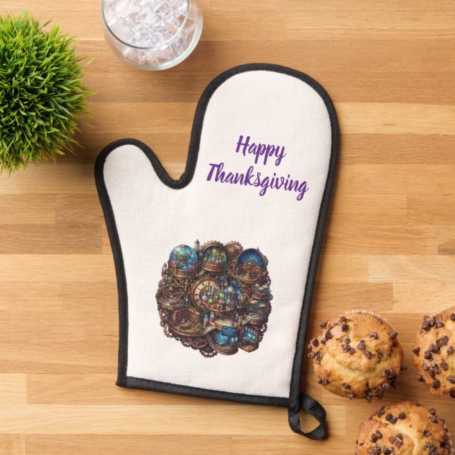 Steampunk Happy Thanksgiving Fantasy Oven Mitt (Top down)