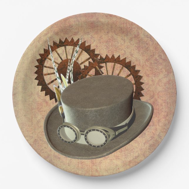 Steampunk Hat and Gears Paper Plate (Front)