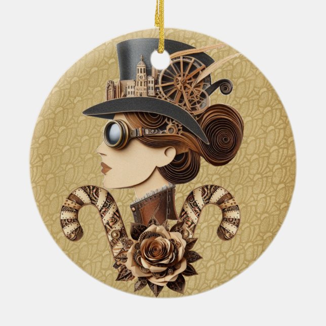 Steampunk hat womans face modern art  ceramic tree decoration (Back)
